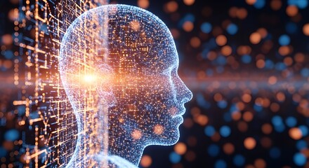 Digital human head with glowing neural network and data streams