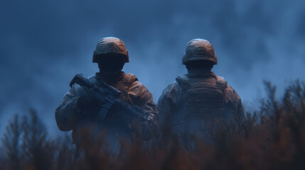 Peace talk in Southeast Asia, Two soldiers stand in misty field in southeast Asia ready to talk for peace during tense moment in night