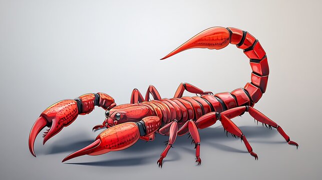Striking digital illustration of a vivid red scorpion posing on a neutral gradient background