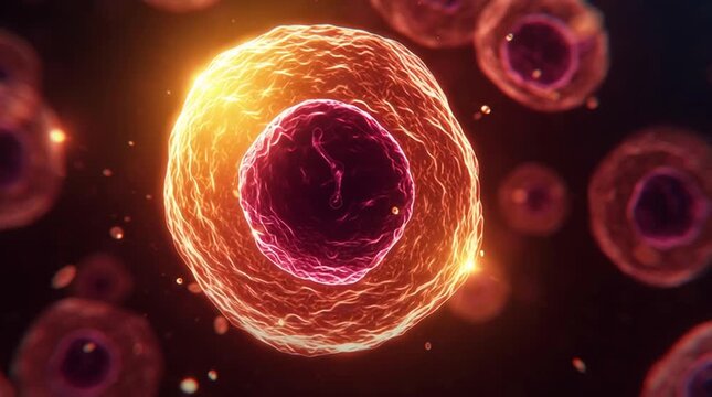 Realistic time-lapse of human cells dividing under a microscope, showing visible chromosomes separating during mitosis. Authentic scientific documentary style illustrating cellular reproduction and li