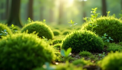 Fresh Green Moss in Forest with Sunlight