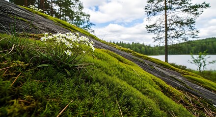 Lush green mossy slope with white flowers and a lake in the background