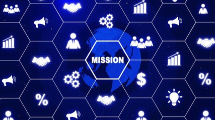 Mission concept. Financial success concept on virtual screen. Business, technology, internet and networking concept. glowing earth globe animation.