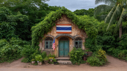 Obraz premium Peace talk in Southeast Asia, peaceful talk in southeast Asia surrounds small rustic house covered with green plants and flags