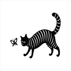 Playful Cat and Butterfly Black Silhouette Design