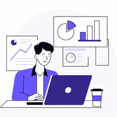 Analyzing Data: A graphic illustration of a professional, deep in concentration, working on a laptop, surrounded by analytical charts and graphs.