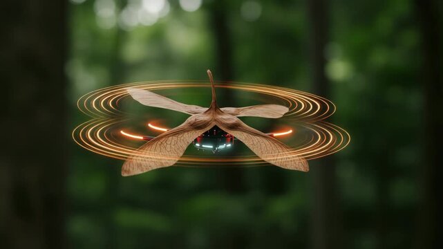Bioinspired drone with maple seed-like wings flying in forest environment. Innovative bionic design mimicking natural forms for aerodynamic efficiency and silent flight technology.