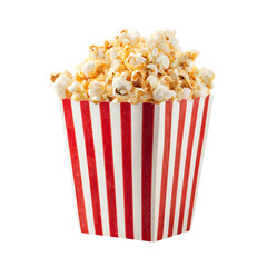 Delicious popcorn overflowing from classic red and white striped container, perfect for movie nights and snacks.