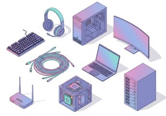 Trendy isometric tech icons - mechanical keyboard, wireless headphones, CPU tower, ultrawide screen, laptop, cables, and server rack