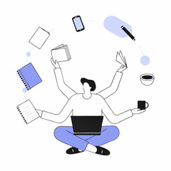 Multitasking Overload: A person juggles a multitude of tasks, from notebooks to coffee, showcasing the challenges of juggling daily routines.