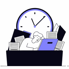 Overwhelmed by Deadline: A person is surrounded by paperwork, with a clock looming large in the background, symbolizing the pressures of time management and deadline stress.