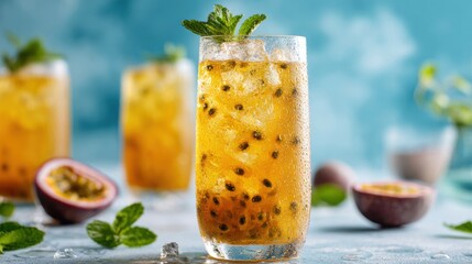 Fototapeta premium Cold passion fruit iced tea with mint and crushed ice served in tall glass on blue background perfect for summer beverage ads, drink packaging and tropical refreshment concepts