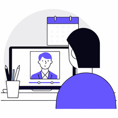 Video Call and Meeting in the Modern Era: A person is shown on the computer display and is on an online video call. This illustration showcases the modern way of virtual meeting.