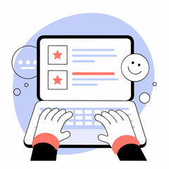Digital interface: A user's hands typing on a laptop with a screen showing a web page with user ratings, stars, and a smile, surrounded by illustrative speech bubbles.