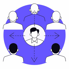 Teamwork & Direction:  An artistic illustration depicting a team of individuals united in collaboration, their attention focused on a central figure, with lines suggesting guidance and teamwork.