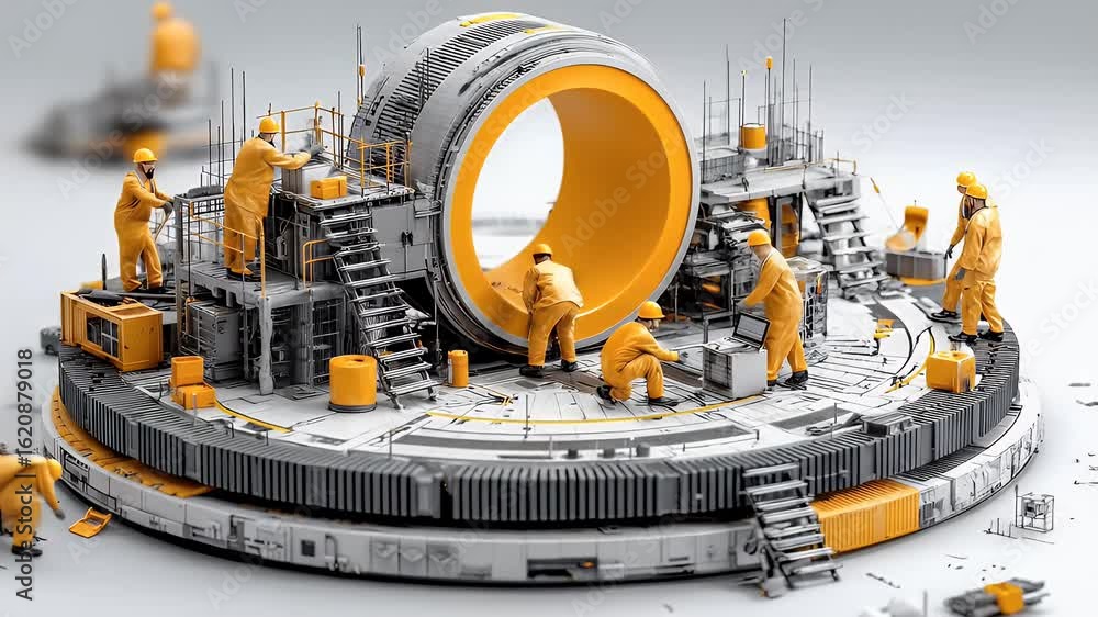 Aufkleber miniature workers constructing futuristic mega-structure: timelapse of ingenious engineering
