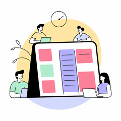 Team Scheduling and Planning: A dynamic graphic illustrating a team of individuals collaborating on a large digital calendar, showcasing strategic planning. 
