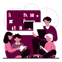 Family's Reading Moment: A family's quiet and close moment in a cozy living room, surrounded by books and a computer. A scene of love, learning, and the gentle rhythm of togetherness.
