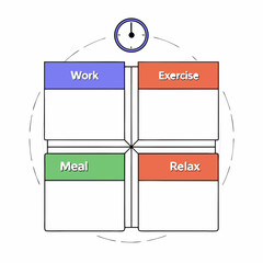 Daily Routine: A structured visual representation of daily activities, including work, exercise, meals, and relaxation, all within the framework of time management and a balanced lifestyle. 