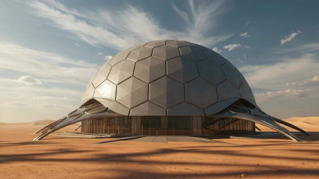 Futuristic geodesic dome building in a desert environment. High-tech architecture with hexagonal patterns, blending innovation and sustainability in a remote landscape under soft sunset light.