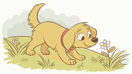 A charming cartoon illustration showcases a playful golden puppy with a red collar, sniffing a daisy on a grassy hill under a cloudy sky, evoking a sense of joy and innocence in a delightful outdoor s
