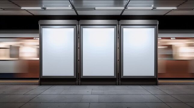 Three Blank Subway Ad Billboards with Blurred Trains