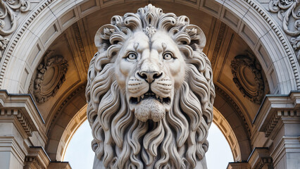 Majestic Stone Lion Sculpture Guarding an Ornate Archway Capturing Strength and Timeless Beauty of Architectural Detail