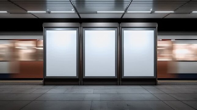 Three Blank Subway Ad Billboards with Blurred Trains
