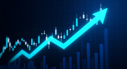 Bright blue arrow chart rising upwards with candlestick graph financial chart stock market