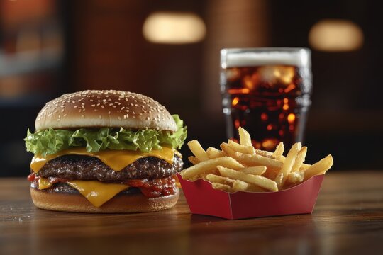 A double cheeseburger, french fries, and a soda.
