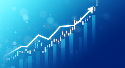 White arrow graph rising over blue bars and bokeh upward trend financial