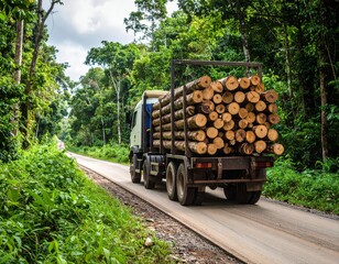 Logging truck transporting timber through amazon rainforest: deforestation concerns