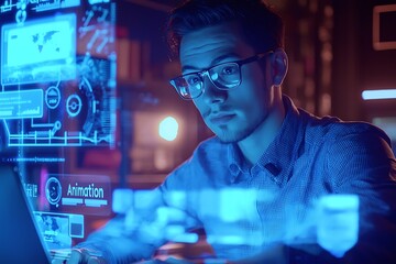 Man working on futuristic interface with animation software development