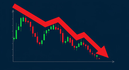Red arrow pointing down over green and red candlesticks stock market financial chart
