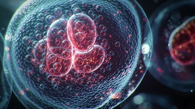 Realistic time-lapse of human cells dividing under a microscope, showing visible chromosomes separating during mitosis. Authentic scientific documentary style illustrating cellular reproduction and li