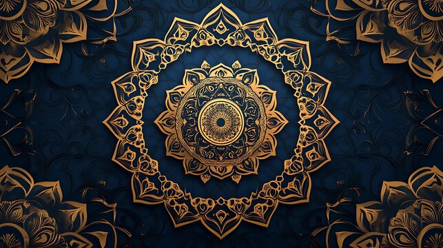 Stunning gold mandala design on navy blue background photo beautiful decorative pattern for presentations