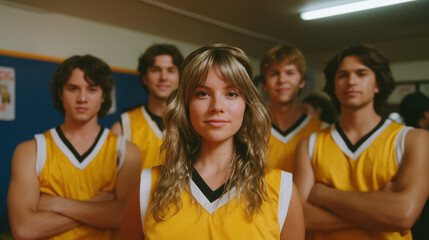 young diverse basketball team posing in gym 