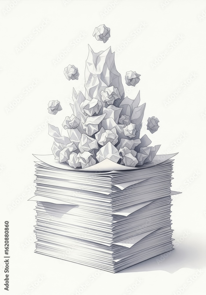 Poster paperwork overload: a stack of documents and crumpled papers - a large stack of papers symbolizes wo