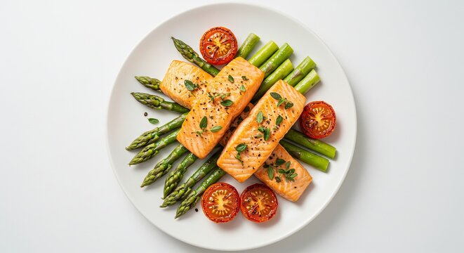 Grilled Salmon Fillets with Green Asparagus and Roasted Cherry Tomatoes - Powered by Adobe