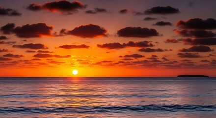 Fototapeta premium A radiant sun dips into the tranquil sea painting the sky with fiery hues a moment of serenity in