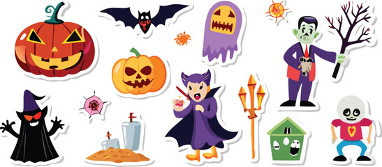 Halloween icons set with pumpkin ghost bat cat witch and spooky autumn elements vector illustration