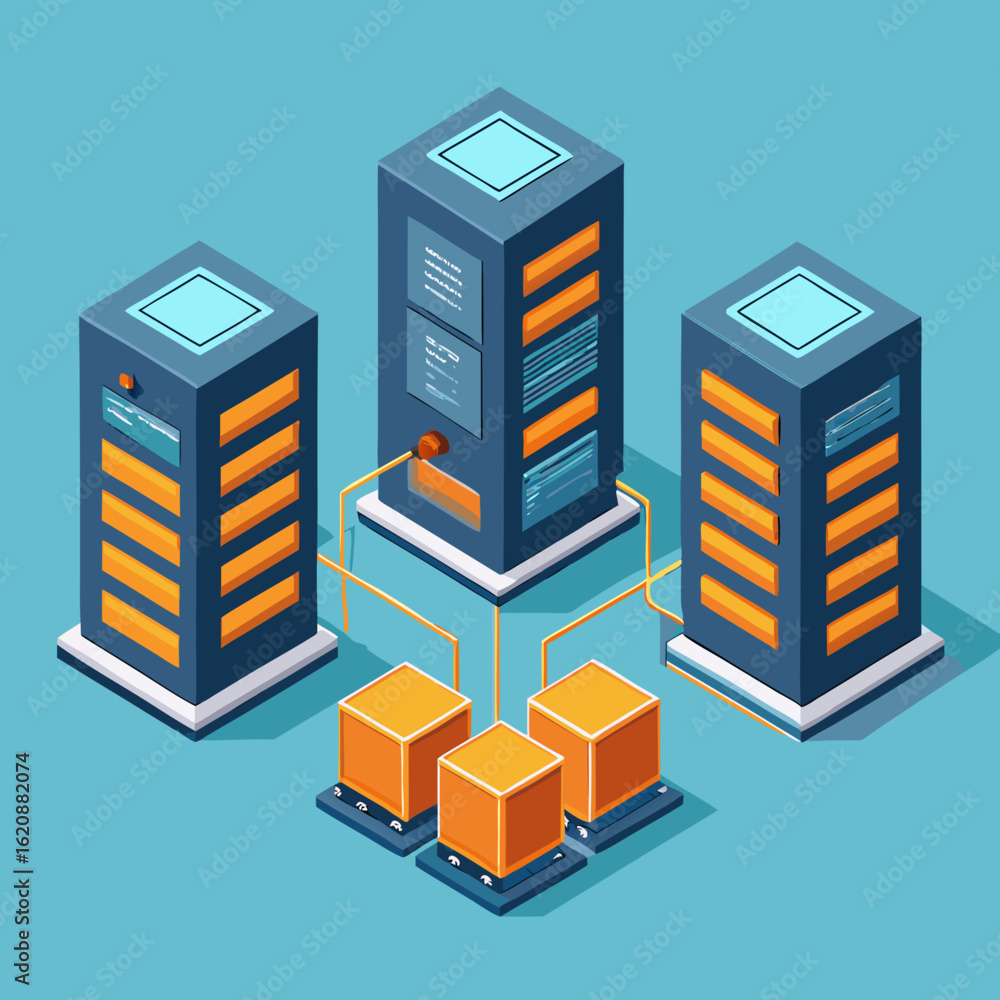 Poster isometric illustration of interconnected servers and data storage units in a digital network