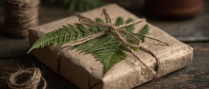 Eco-Friendly Gift Wrapped in Brown Paper with Fern
