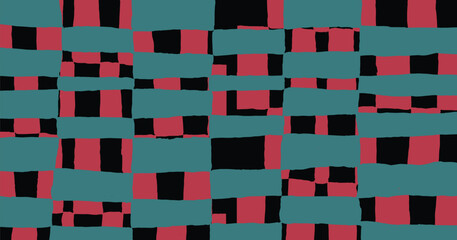 Abstract hand drawn pattern featuring an irregular checkerboard of black, teal, and muted red blocks. Bold and artistic, perfect for contemporary design, textiles, and edgy backgrounds.