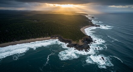 Dramatic Aerial View of Rugged Coastline Under Moody Sunset Sky with Sunbeams