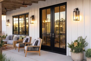 This delightful outdoor seating area features contemporary decor and inviting warm lighting as dusk approaches, all nestled within a tranquil residential neighborhood
