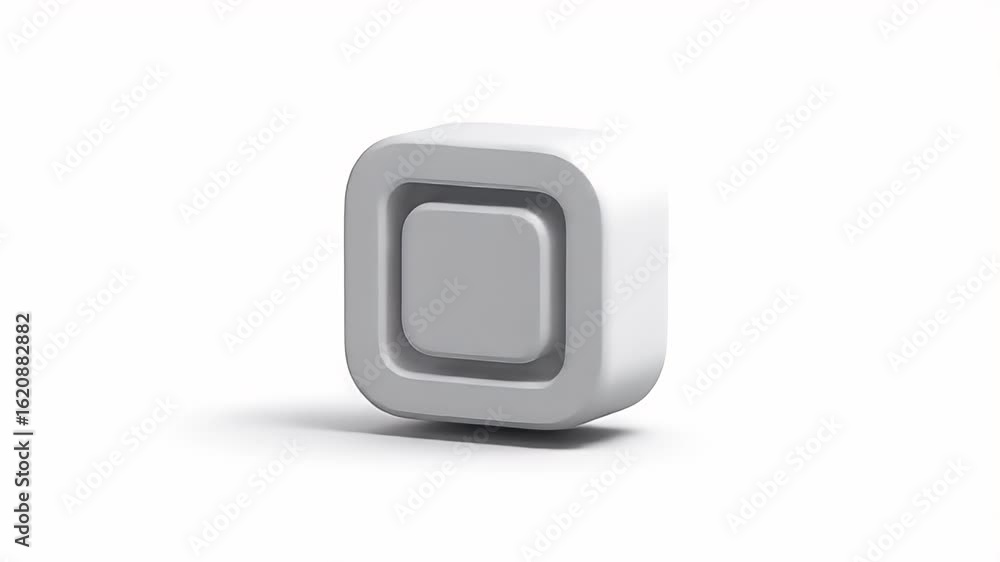 Poster minimalist 3d white rounded square icon smoothly rotating in a seamless loop on a clean background.