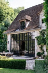 A charming rustic house features expansive glass doors that open up to a tranquil garden, surrounded by lush greenery, all basking in the warm daylight