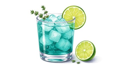 Fototapeta premium Refreshing Blue Lime Cocktail - A vibrant blue cocktail garnished with lime wedges and thyme, perfect for a summer day. Icy and refreshing