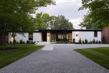 Modern architectural design of a single-story house with landscaped garden on a gravel driveway, featuring a sleek facade and large windows surrounded by trees in late afternoon light